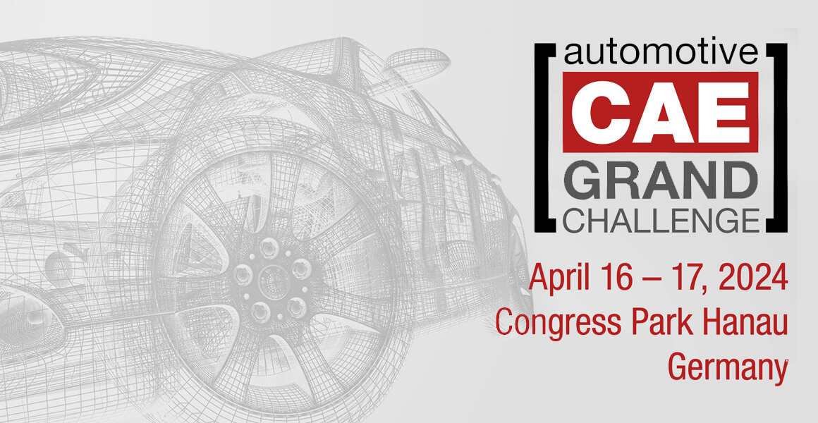 Banner and logo of the Automotive CAE Grand Challenge taking place on April 16/17, 2024, at the Congress Park Hanau.